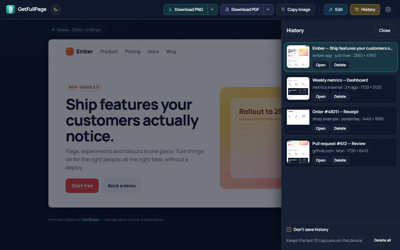 GetFullPage in its dark theme with the History drawer open, listing recent captures with Open and Delete buttons and a Don't save history option.