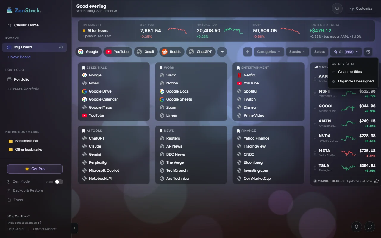 ZenStack board with bookmark categories such as Essentials, Work, AI Tools and Finance, and the on-device AI menu open with Clean up titles and Organize Unassigned.
