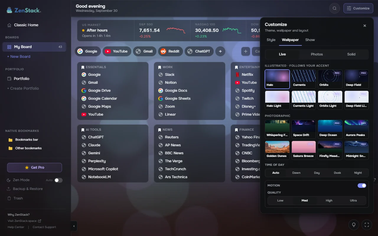 ZenStack Customize panel on the Wallpaper tab, showing illustrated wallpapers Halo, Currents, Orbits and Deep Field with light versions, and photo scenes such as Deep Ocean and Aurora Peaks.